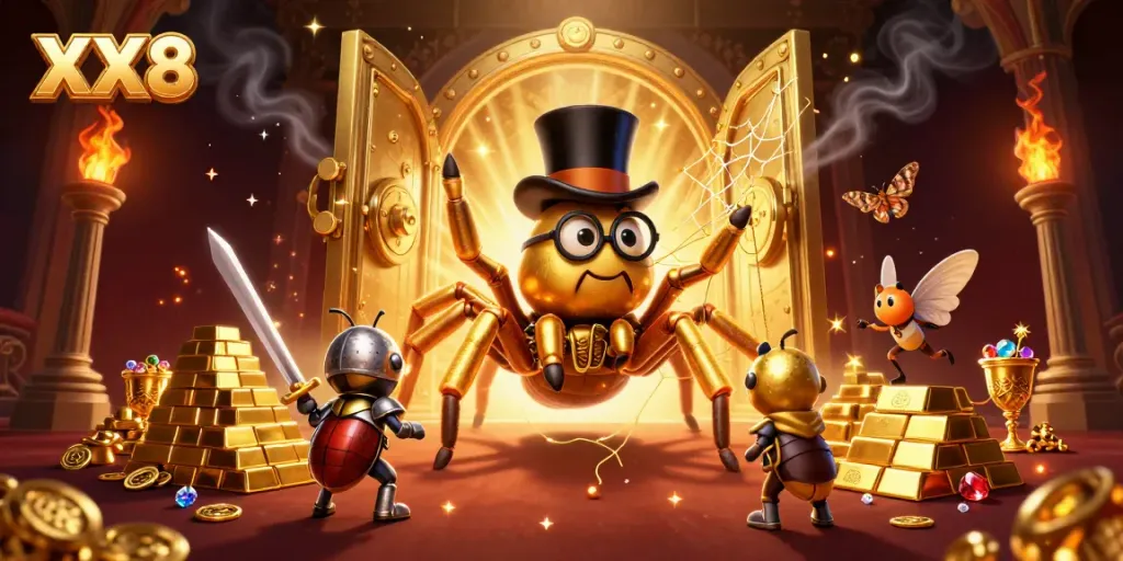 Engaging scene showcasing XX8 themed casino adventure with golden tarantula and beetle knight.