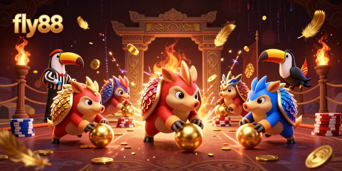 Fly88 pangolins playfully bowling through poker chips in a dynamic casino scene.