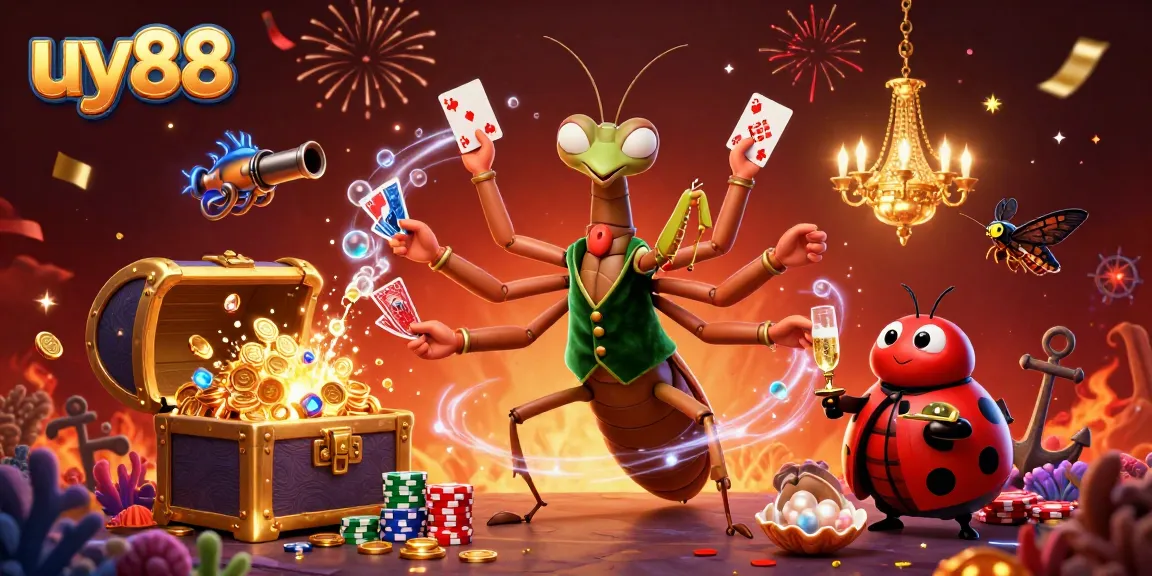 Experience the charm of uy88, where a giant praying mantis card sharp and a ladybug pit boss create a magic-filled casino scene.