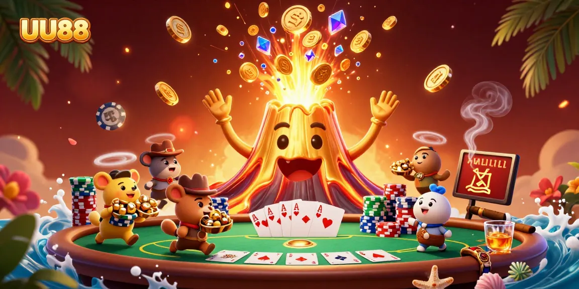 UU88 showcases a vibrant 3D illustration of a triumphant golden volcano erupting treasure, filled with casino elements.