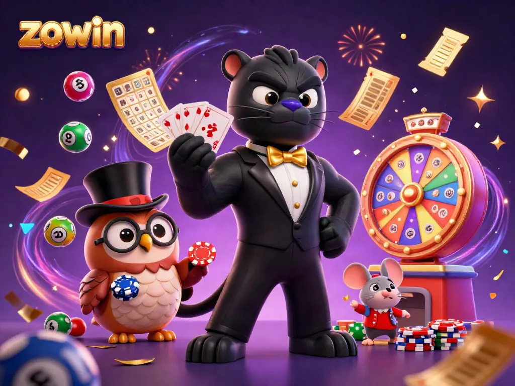 Join the fun at zowin with a stylish black panther dealer and his charming friends in a vibrant casino scene.