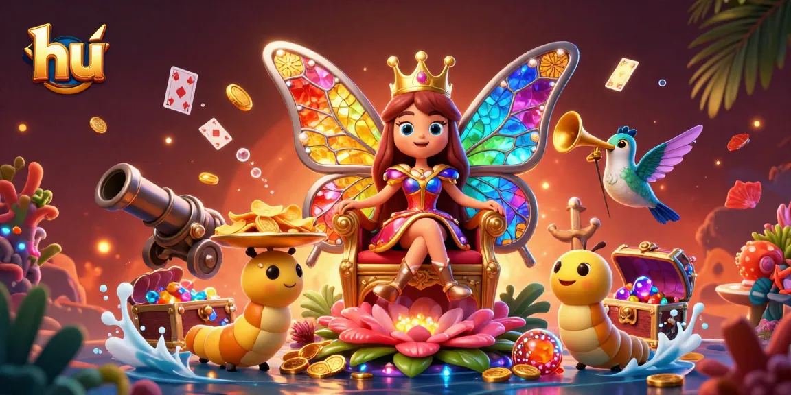 Experience the vibrant world of hu casino games with a whimsical butterfly queen and treasure-filled underwater scene.