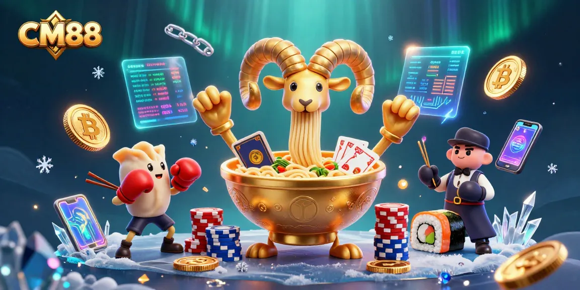 Engaging scene of CM88 with a giant ramen bowl dealer, crypto elements, and dynamic casino vibes.