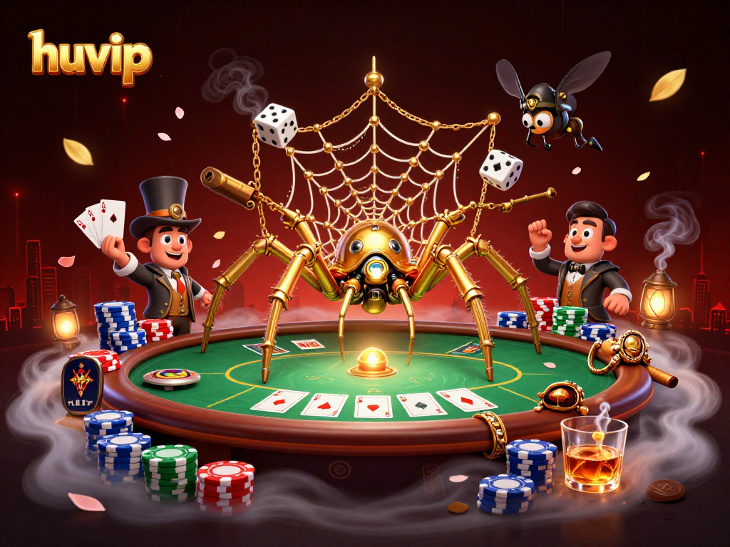 Catch lucky winnings with huvip's steampunk-inspired 3D casino scene featuring poker elements.
