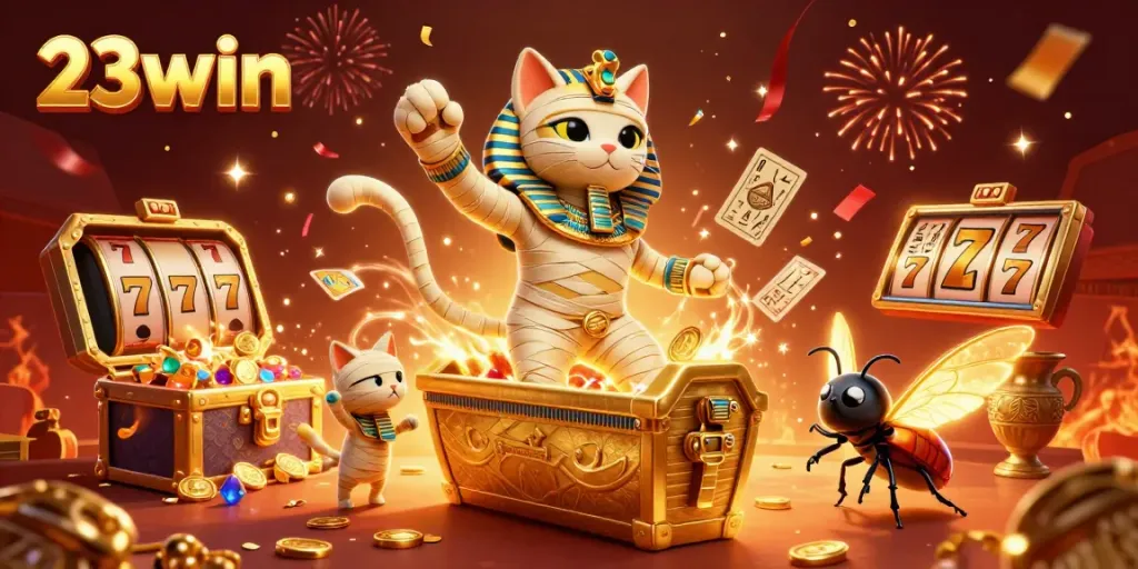 Engage with thrilling gaming action at 23win, featuring Egyptian-themed characters and vibrant casino elements.