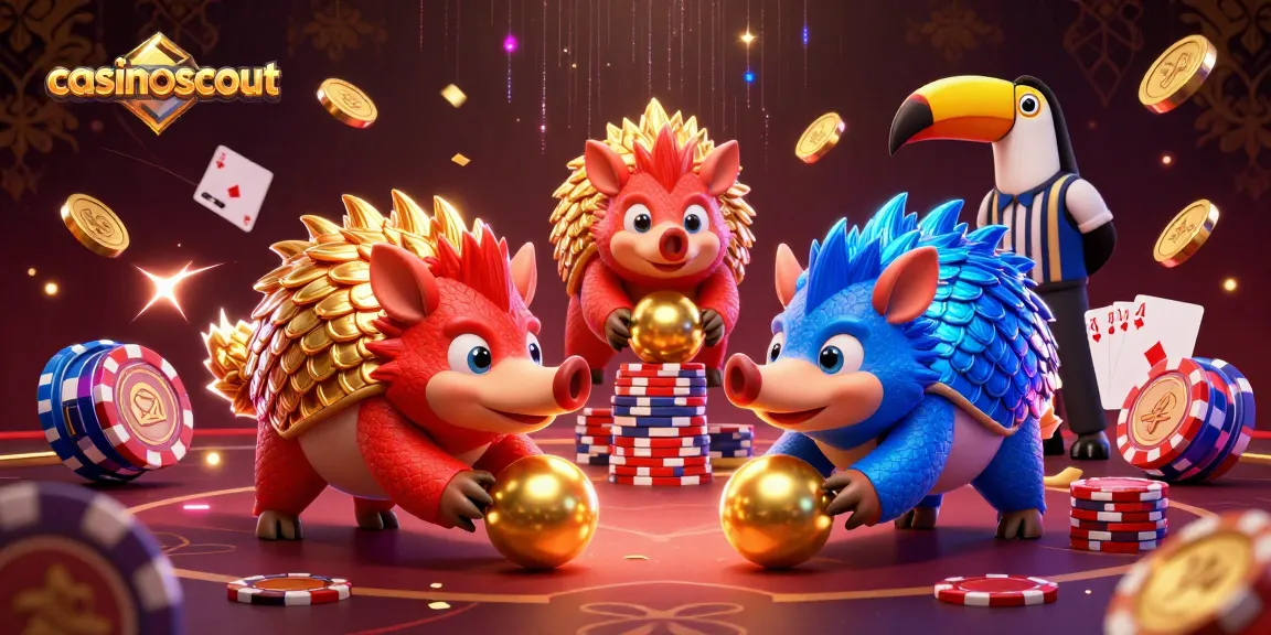 Casinoscout showcases a vibrant 3D scene of pangolins playing casino games with colorful casino elements.