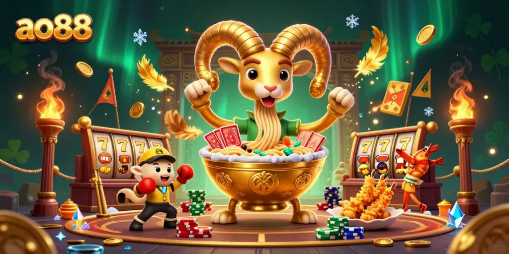 Engage with ao88's vibrant gaming scene featuring a dynamic giant ramen bowl, cards, and lively characters.