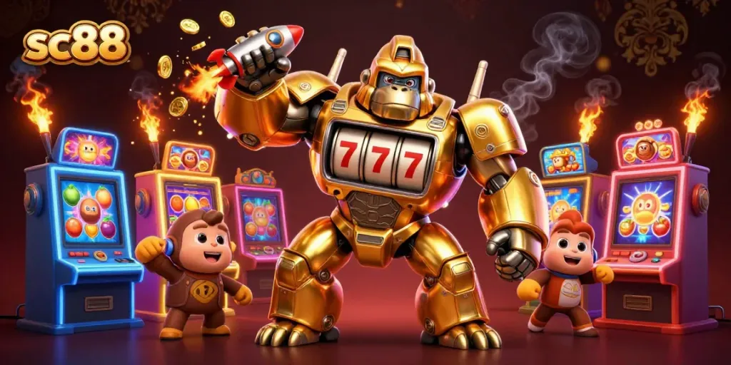 Spin and win with sc88's golden gorilla mech surrounded by colorful slot machines and neon game elements.