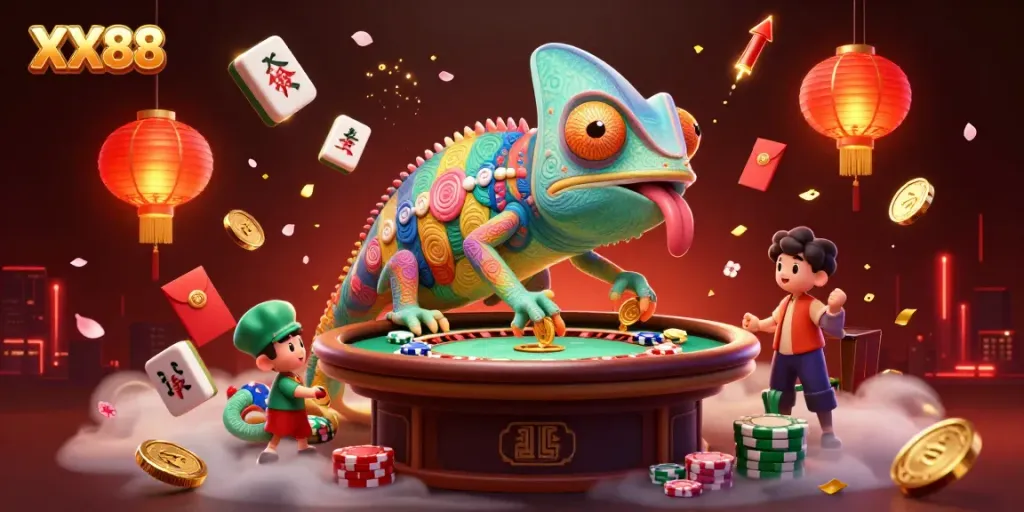 Experience the vibrant XX88 chameleon casino owner in a colorful gambling scene.