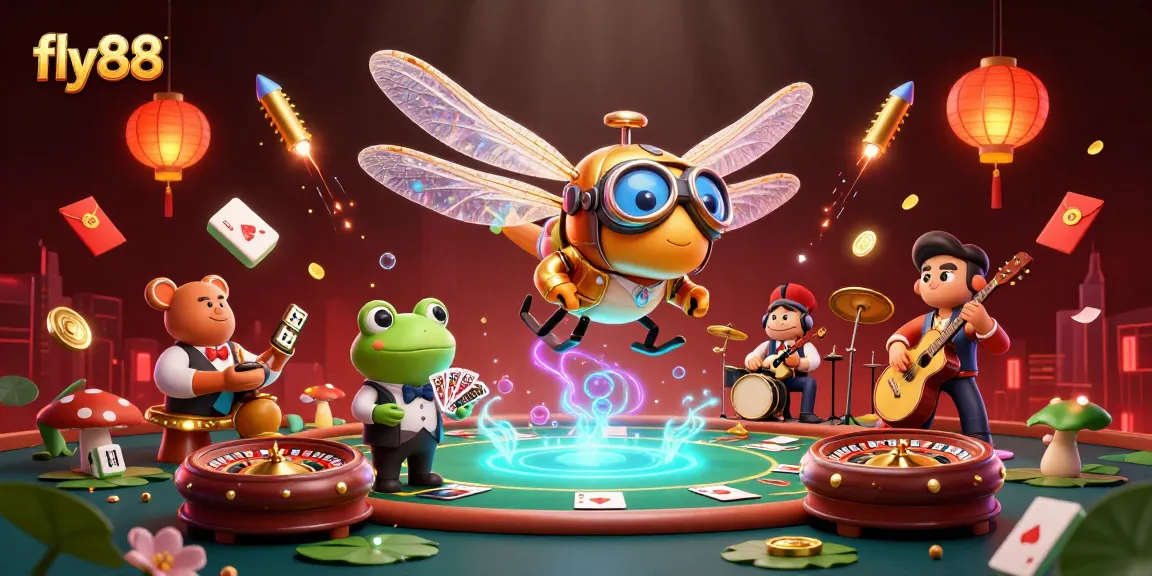 Engage with games at fly88 featuring a dynamic casino scene with poker elements and vibrant dragonfly pilot.