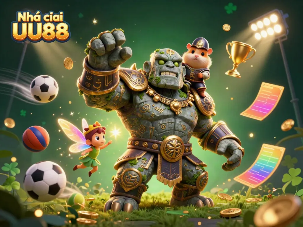 Experience the thrill of Nhà cái UU88 with an enchanted golem guardian and magical elements surrounding.