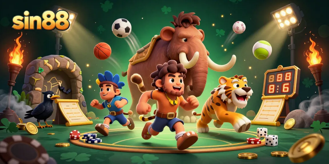 Sin88 showcases a prehistoric casino scene with characters and dynamic sports elements in 3D.