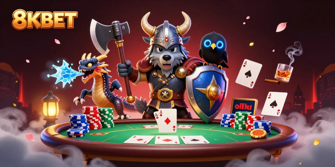 8KBET showcases a vibrant casino scene with a Viking warrior, fierce dragon, and poker elements.