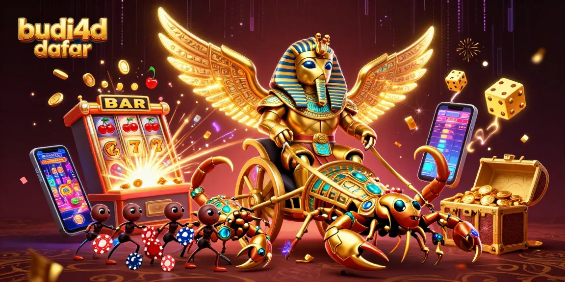 Experience the thrill of gaming with budi4d daftar, featuring a colossal scarab beetle pulling scorpions and jackpot-winning elements.