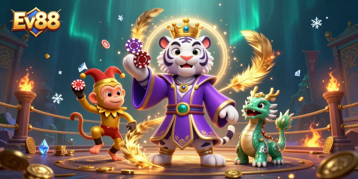 Experience exciting gameplay with Ev88 as a cartoon white tiger, golden monkey, and jade dragon create a lively casino scene.