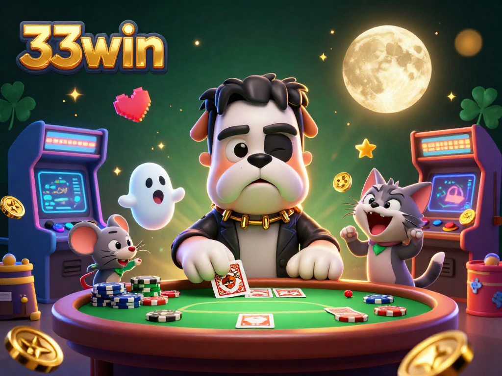33win showcases an exciting poker scene with a Frankenstein bulldog and mystical characters, emphasizing fun.