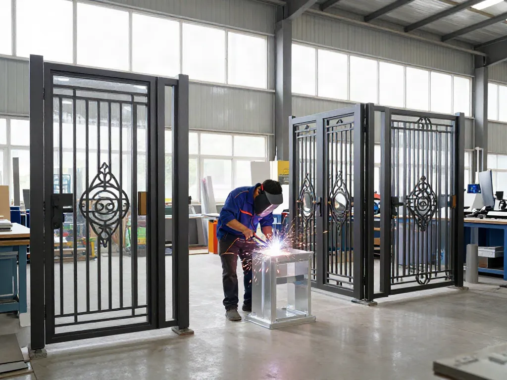 Skilled artisans at Al Taher Group workshop manufacturing bespoke metal gates and doors.