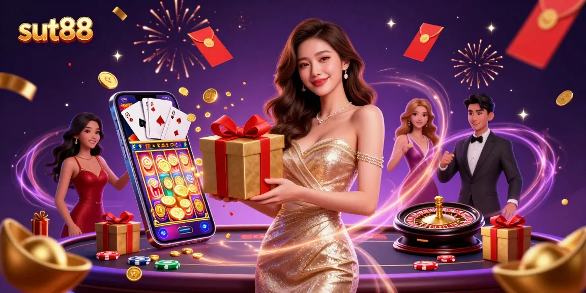 Sut88 showcases an Asian woman in a festive casino setting, symbolizing winning excitement.