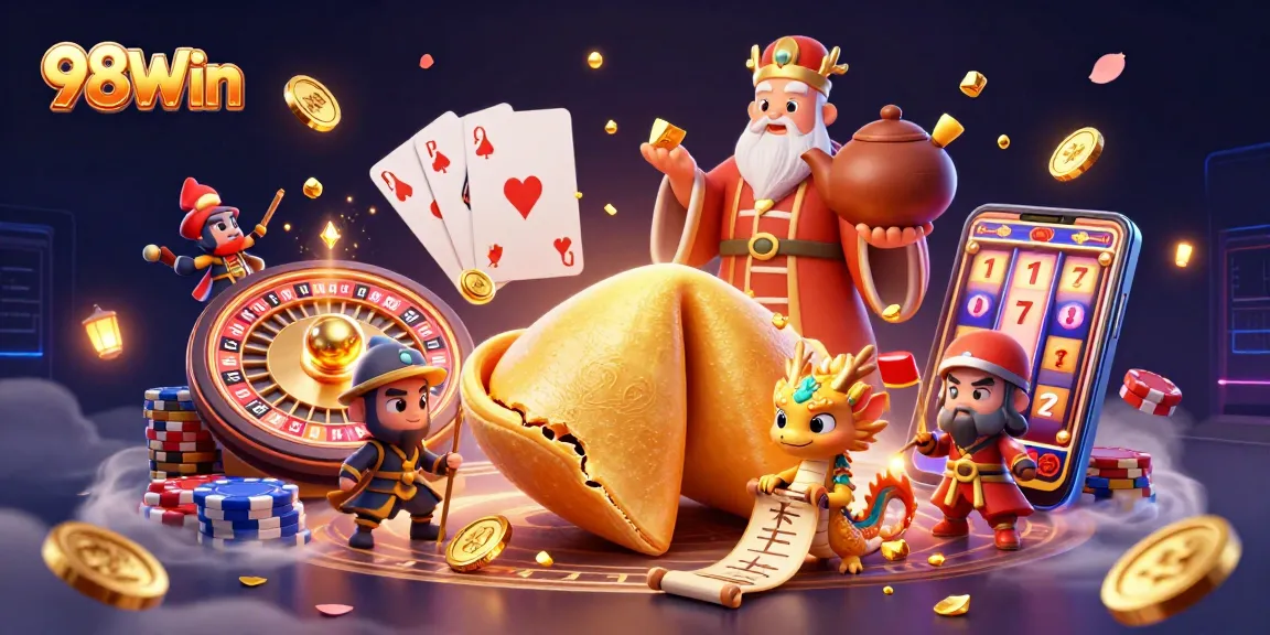 Experience thrilling games at 98Win with a vibrant casino illustration showcasing action and excitement.