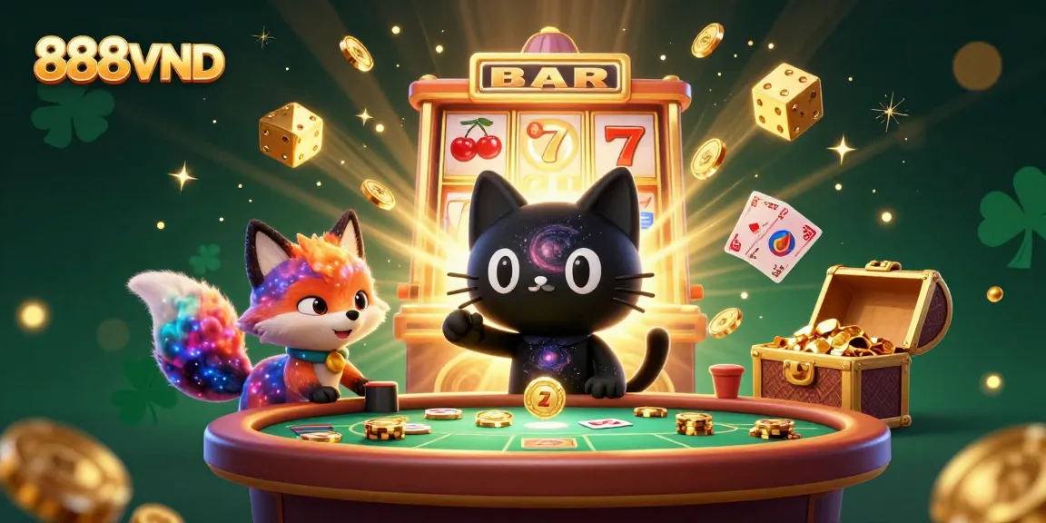 Experience the thrill of 888VND as a cosmic black hole cat pulls in golden chips and cards in a vibrant casino setting.