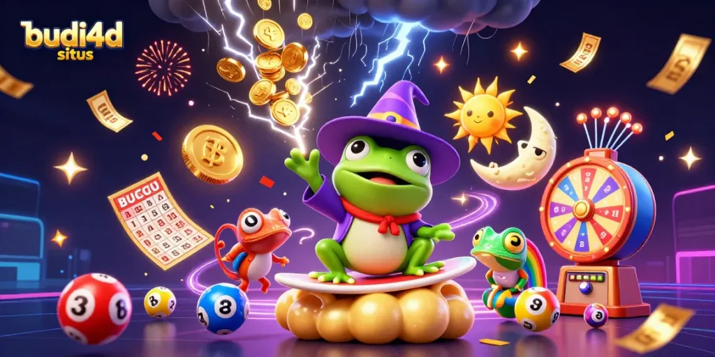 Join the excitement at budi4d situs as a wizard frog unleashes a gold coin storm amidst a vibrant casino atmosphere.