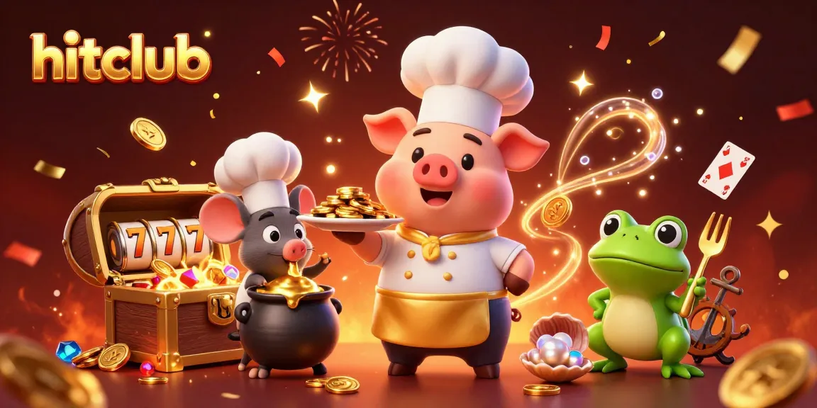 hitclub showcases a vibrant 3D scene with a chef pig serving gold coins, surrounded by slot reels and festive elements.