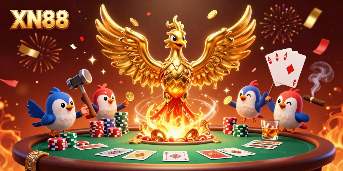 Experience thrilling gaming at XN88 with a dazzling display of gold coins and poker elements in dynamic action.