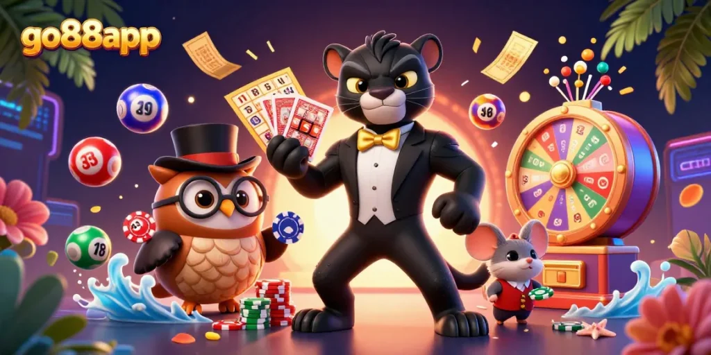 Engage in exciting gambling adventures with go88app's vibrant casino illustration featuring captivating characters.