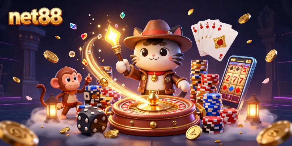 net88 showcases an adventurous cat archaeologist discovering casino treasures with vibrant casino elements.
