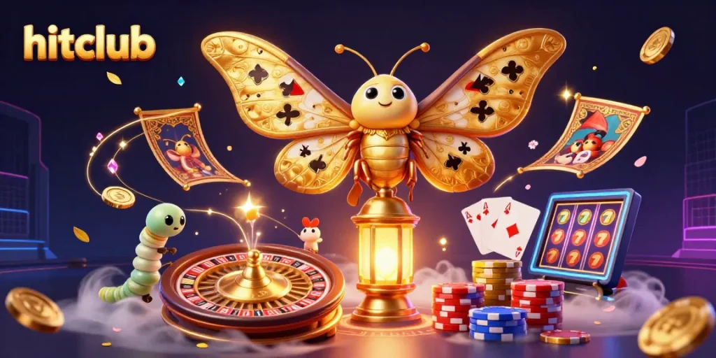 Experience the excitement at hitclub with vibrant casino elements and a majestic moth illustration.