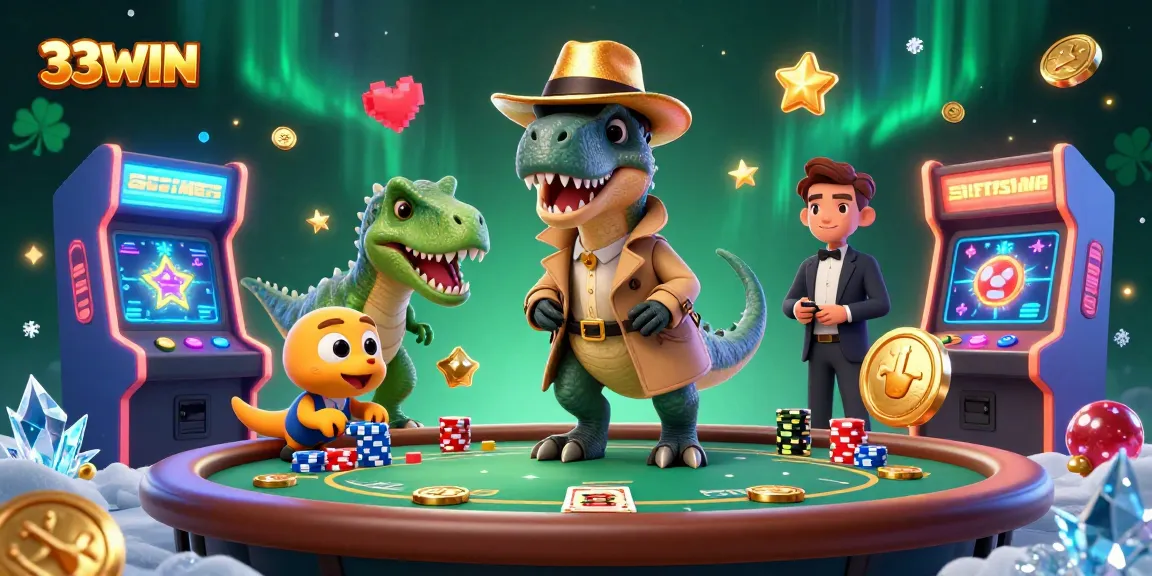 Engage in thrilling 33WIN casino action with a sly velociraptor and detailed gaming scene.