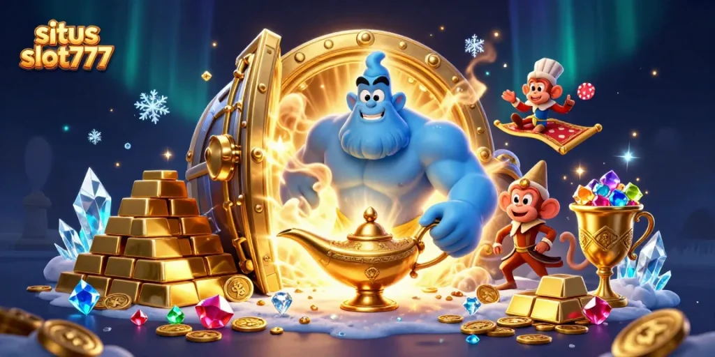 Experience excitement at situs slot777 with a cinematic genie illustration bursting with treasures and casino magic.