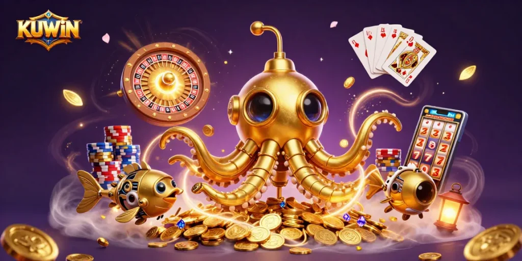 Spin the roulette and win at KUWIN with golden kraken amidst cascading coins and shining gems.