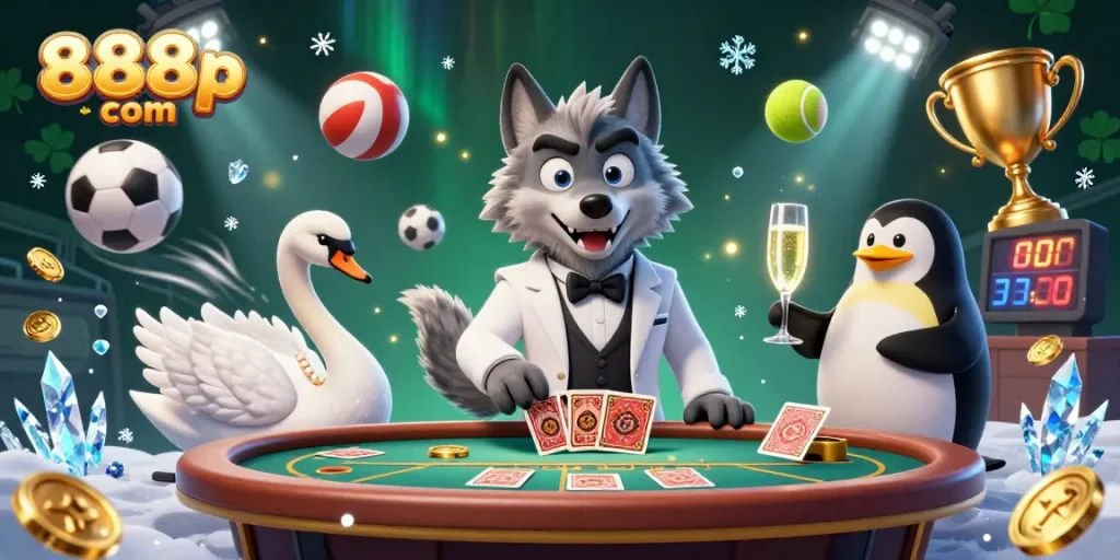 Experience thrilling action at 888p com with a dynamic scene featuring a wolf, swan, and penguin at a casino.