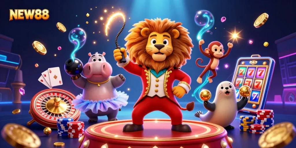 Experience thrilling games at NEW88 with a dazzling circus scene of vibrant characters and casino elements.