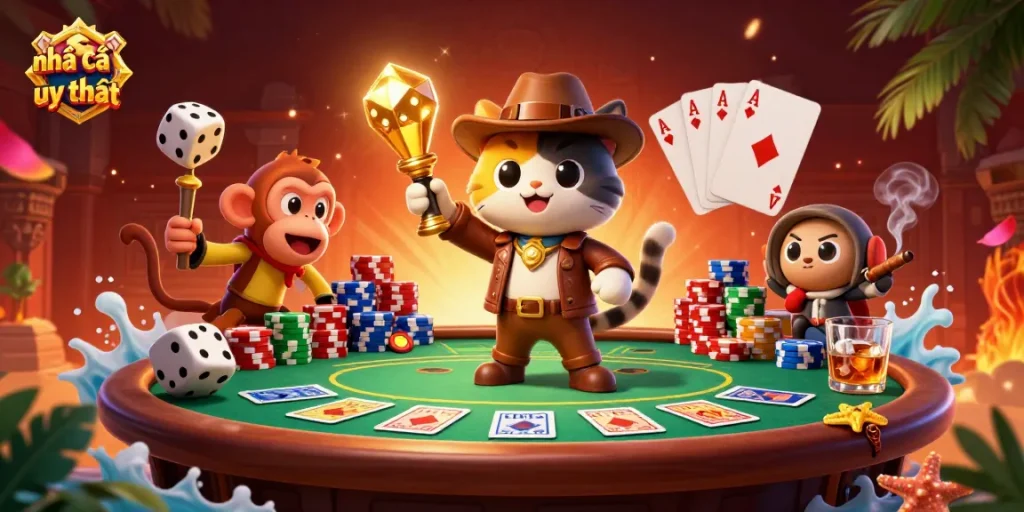 Engaging illustration showcasing nhà cái uy tín with an explorer cat discovering casino treasures in a unique temple.
