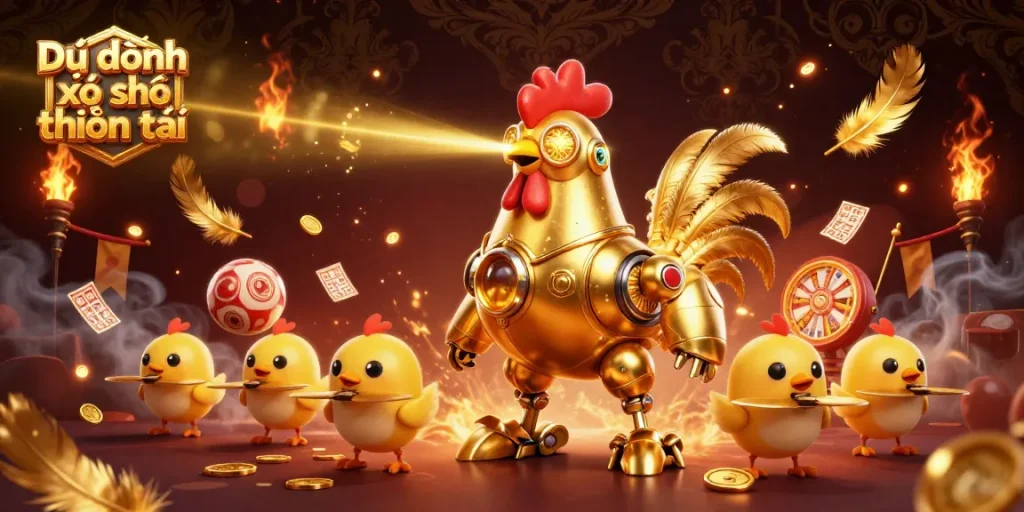 Dự đoán xổ số thần tài dynamic illustration featuring a golden rooster robot and baby chick drones engaging with lottery elements.