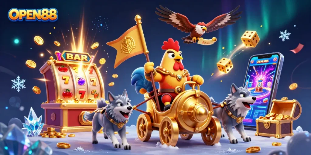 Experience thrilling gaming adventures with OPEN88's exciting casino scene showcasing jackpots and vibrant characters.