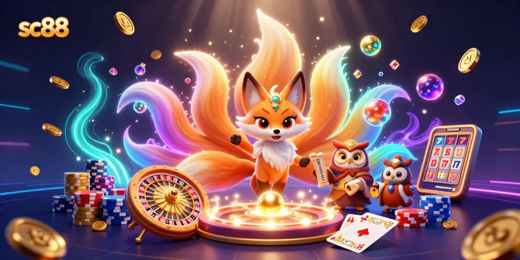 Experience sc88 with enchanting gaming adventures featuring a glowing fox, wise owl sage, and vibrant casino elements.