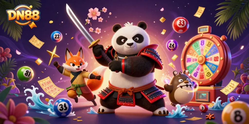 Engage in the vibrant lottery scene of DN88 featuring cartoon samurai panda, ninja fox, and magical energy.