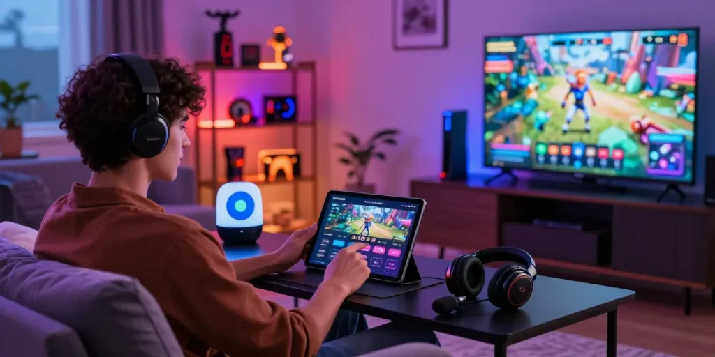 Engaging gaming scene showcasing Slot7000 APK on a tablet in a vibrant living room environment.