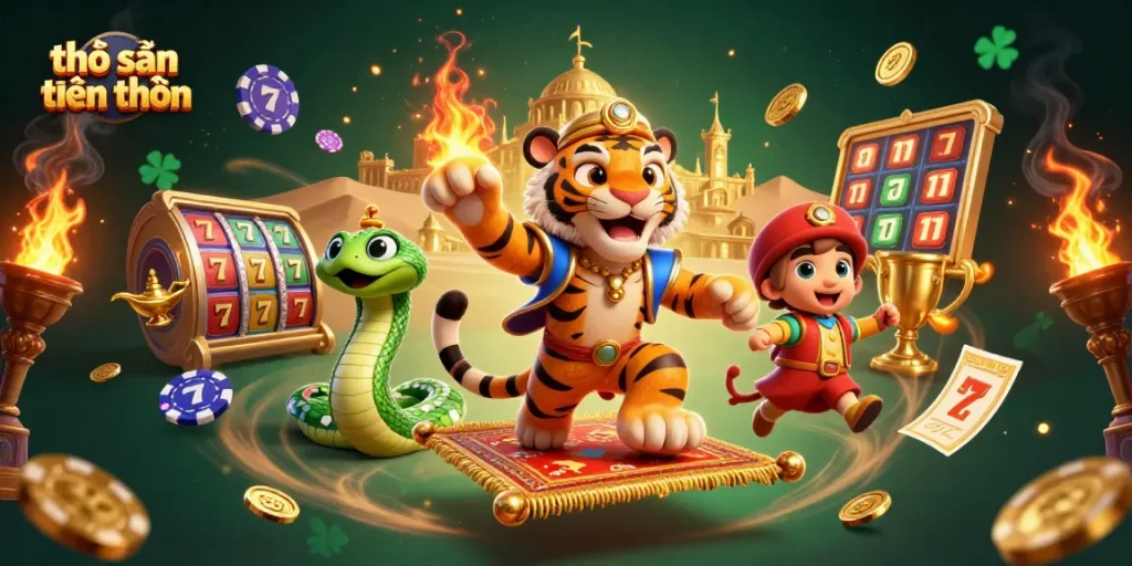 Engage with thợ săn tiền thưởng as the tiger sultan combats challenges on a dazzling jackpot slot scene.
