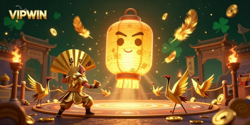 Engage in thrilling gameplay at VIPWIN while surrounded by golden lanterns and dynamic casino elements.