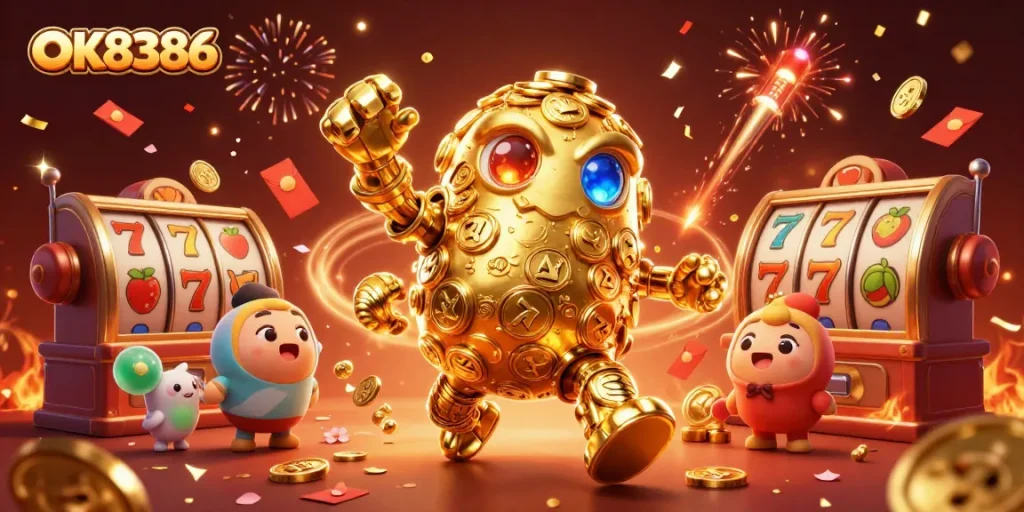 Experience the excitement of OK8386 with stunning 3D casino elements and a gold golem character.