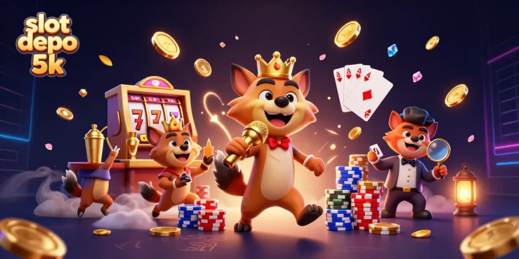 Engage with slot depo 5k through a vibrant casino scene showcasing hyenas in action.
