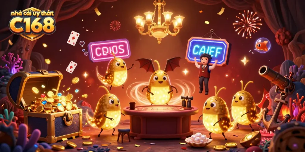 Experience the vibrant world of nhà cái uy tín C168 with a magical 3D casino scene filled with glowing characters and treasures.