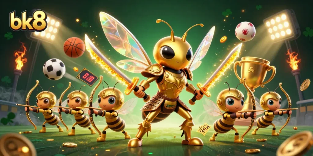 Experience the thrill of bk8 as a golden hornet samurai leads a team in a vibrant 3D gaming scene.