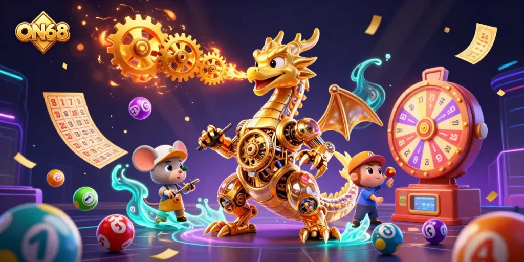 Win big at ON68 with this engaging 3D casino illustration showcasing vibrant lottery elements and a golden dragon.