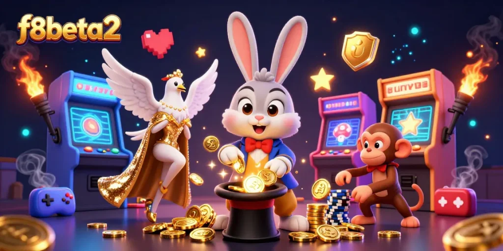 Experience thrilling wins with f8beta2 as a 3D magician rabbit pulls coins and poker chips.