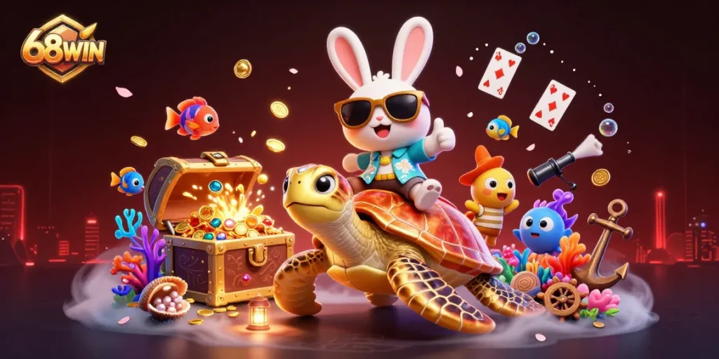 Experience thrilling wins with 68WIN's animated casino scene featuring a lucky rabbit and golden turtle.
